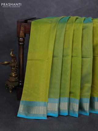 Maheshwari silk cotton saree light green and teal blue with plain body and zari woven border