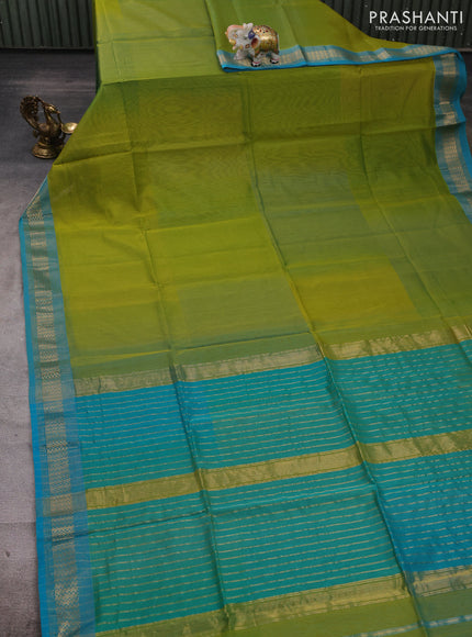 Maheshwari silk cotton saree light green and teal blue with plain body and zari woven border