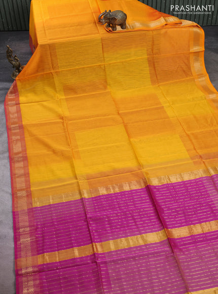 Maheshwari silk cotton saree mango yellow and pink with plain body and zari woven border