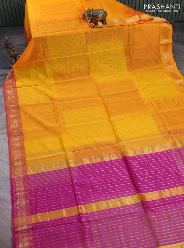 Maheshwari silk cotton saree mango yellow and pink with plain body and zari woven border