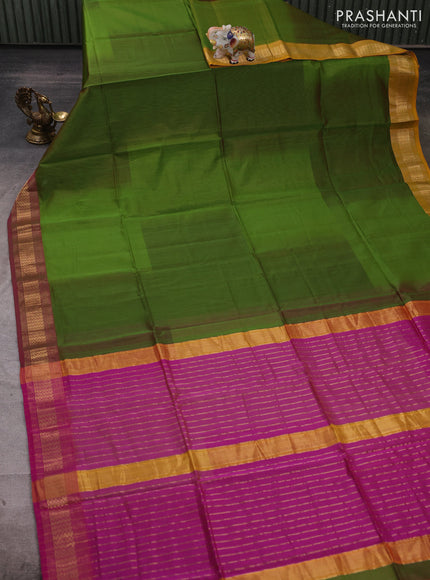 Maheshwari silk cotton saree mehendi green and pink with plain body and ganga jamuna border