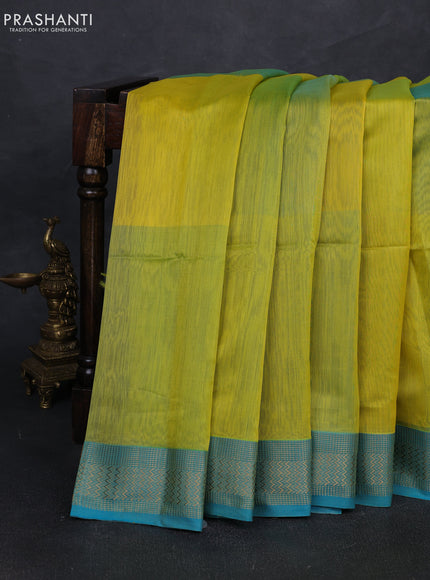 Maheshwari silk cotton saree lime yellow and blue with plain body and zari woven border