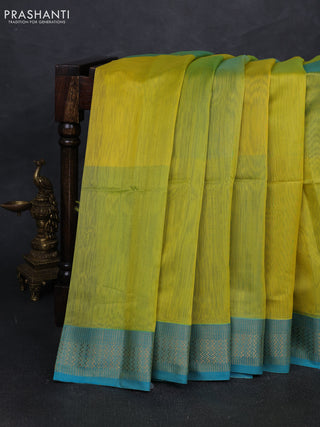 Maheshwari silk cotton saree lime yellow and blue with plain body and zari woven border