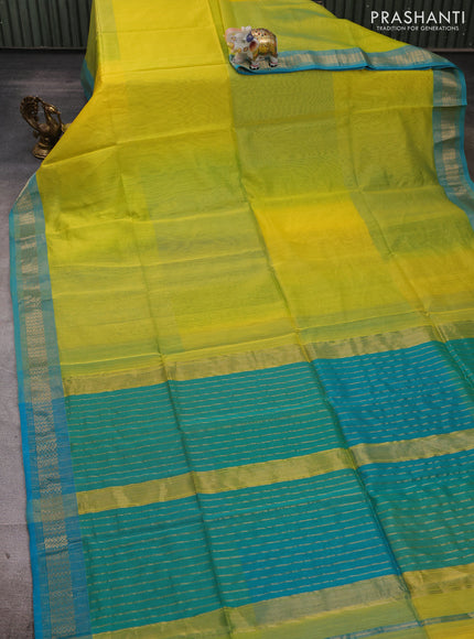 Maheshwari silk cotton saree lime yellow and blue with plain body and zari woven border