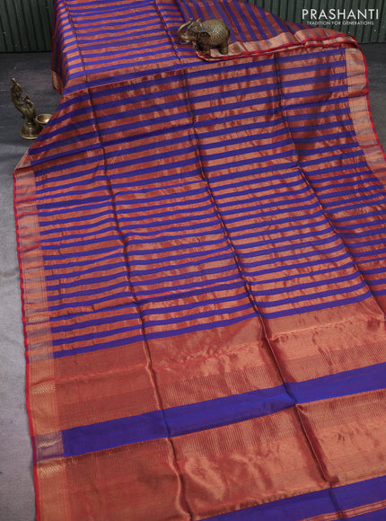 Maheshwari silk cotton saree blue and maroon with allover stripes pattern and zari woven border