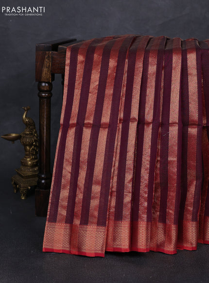 Maheshwari silk cotton saree deep wine and maroon with allover stripes pattern and zari woven border