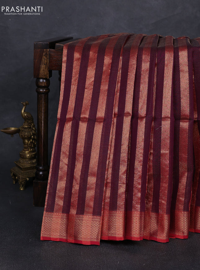 Maheshwari silk cotton saree deep wine and maroon with allover stripes pattern and zari woven border