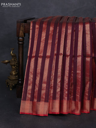 Maheshwari silk cotton saree deep wine and maroon with allover stripes pattern and zari woven border