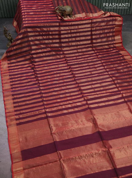 Maheshwari silk cotton saree deep wine and maroon with allover stripes pattern and zari woven border
