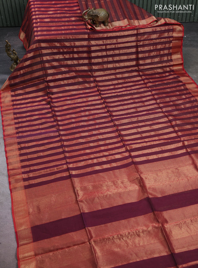 Maheshwari silk cotton saree deep wine and maroon with allover stripes pattern and zari woven border