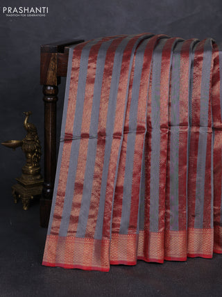Maheshwari silk cotton saree grey and maroon with allover stripes pattern and zari woven border