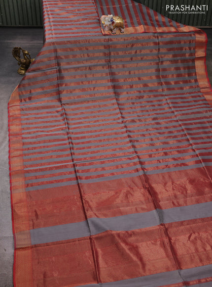 Maheshwari silk cotton saree grey and maroon with allover stripes pattern and zari woven border