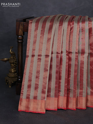 Maheshwari silk cotton saree beige and red with allover zari stripe pattern and zari woven border