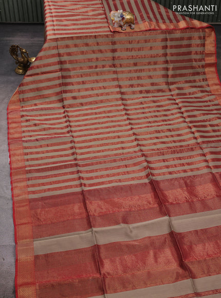 Maheshwari silk cotton saree beige and red with allover zari stripe pattern and zari woven border