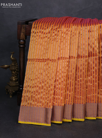 Maheshwari silk cotton saree mango yellow with allover stripes pattern and zari woven border