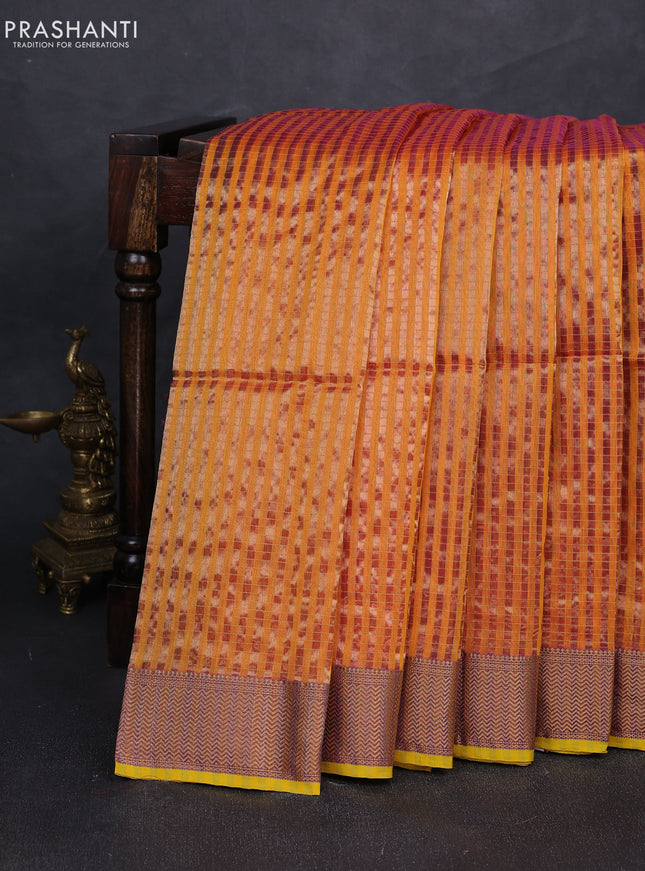 Maheshwari silk cotton saree mango yellow with allover stripes pattern and zari woven border
