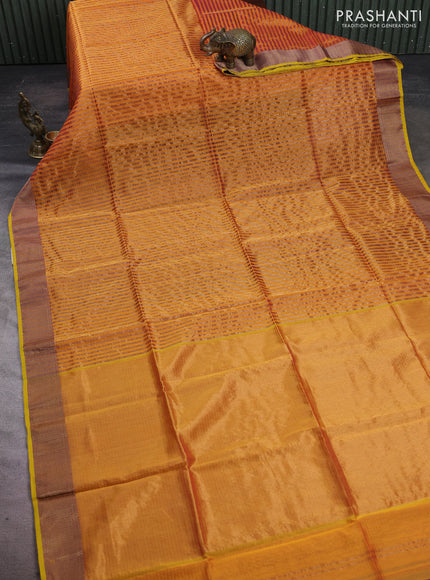Maheshwari silk cotton saree mango yellow with allover stripes pattern and zari woven border