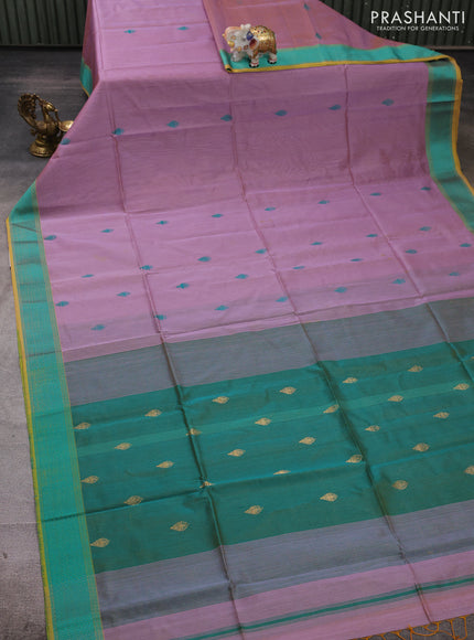 Maheshwari silk cotton saree dual shade of lavender and mustard yellow with thread woven buttas and thread woven border