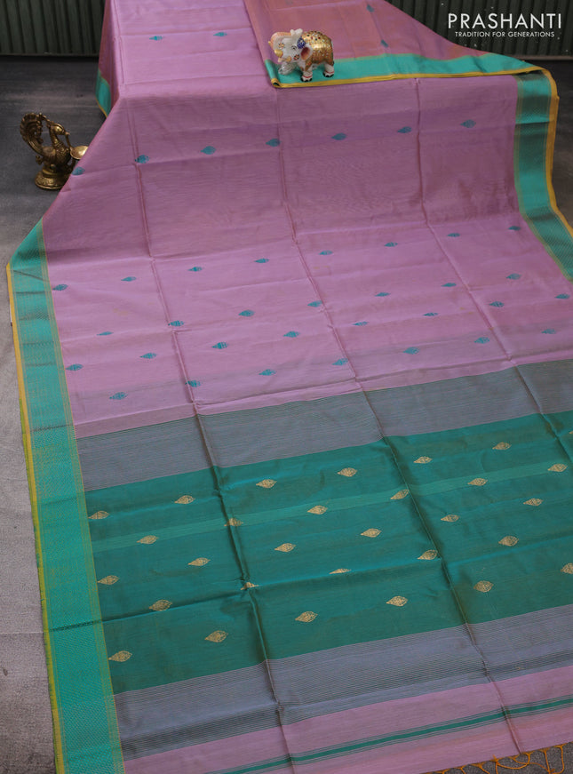 Maheshwari silk cotton saree dual shade of lavender and mustard yellow with thread woven buttas and thread woven border