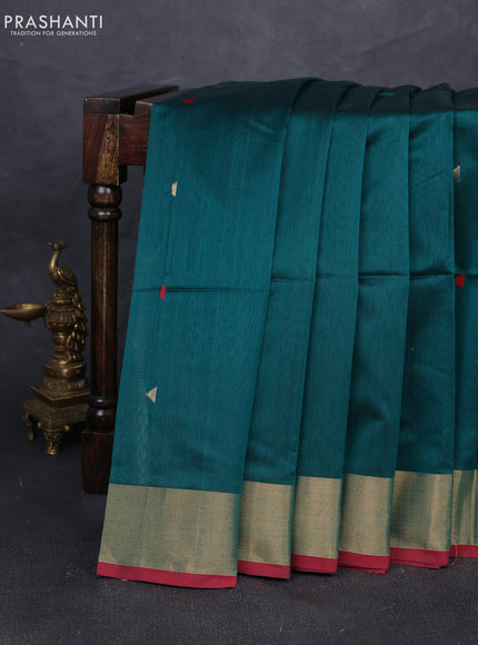 Maheshwari silk cotton saree peacock green and maroon with zari woven buttas and zari woven border