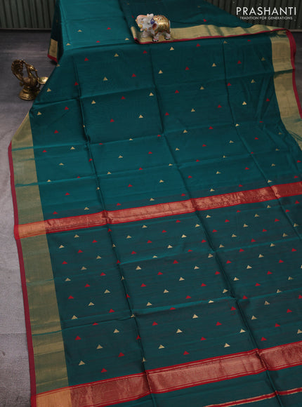 Maheshwari silk cotton saree peacock green and maroon with zari woven buttas and zari woven border