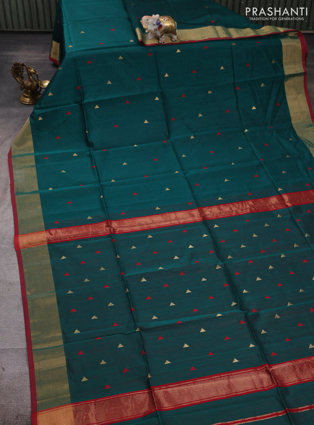 Maheshwari silk cotton saree peacock green and maroon with zari woven buttas and zari woven border