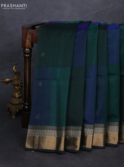 Maheshwari silk cotton saree bottle green with zari woven buttas and thread woven border