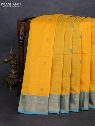 Maheshwari silk cotton saree mango yellow and cs blue with thread woven buttas and zari woven border