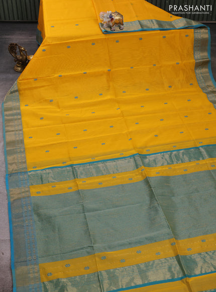 Maheshwari silk cotton saree mango yellow and cs blue with thread woven buttas and zari woven border