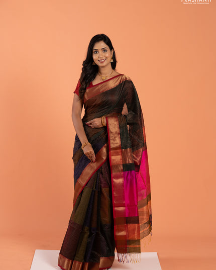 Maheshwari silk cotton saree multi colour and pink with allover zari checked pattern and zari woven border