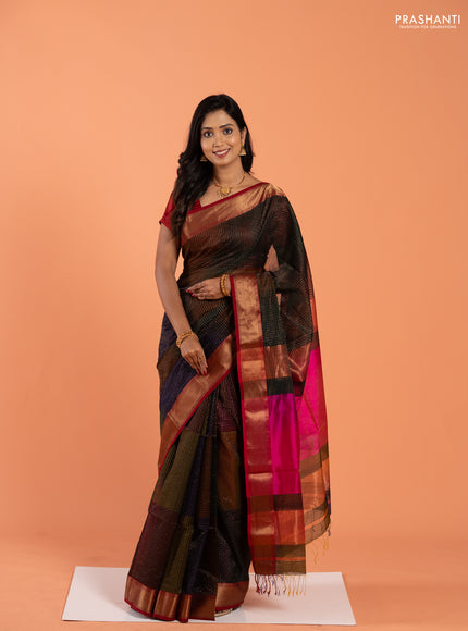 Maheshwari silk cotton saree multi colour and pink with allover zari checked pattern and zari woven border