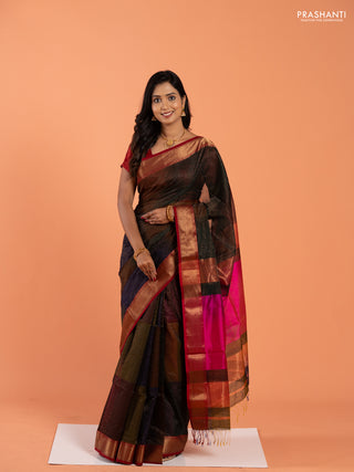 Maheshwari silk cotton saree multi colour and pink with allover zari checked pattern and zari woven border