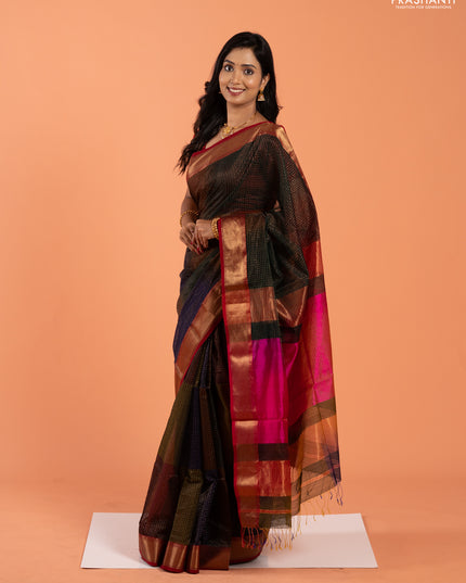 Maheshwari silk cotton saree multi colour and pink with allover zari checked pattern and zari woven border