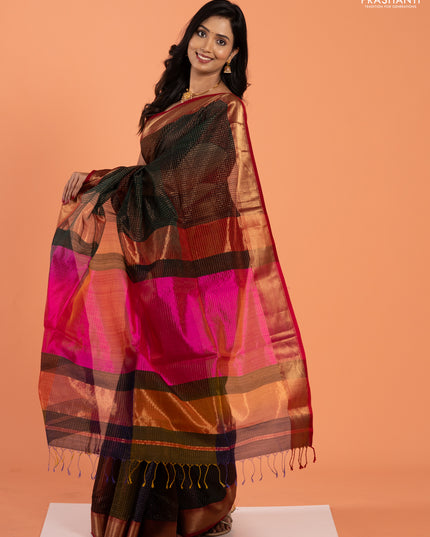 Maheshwari silk cotton saree multi colour and pink with allover zari checked pattern and zari woven border