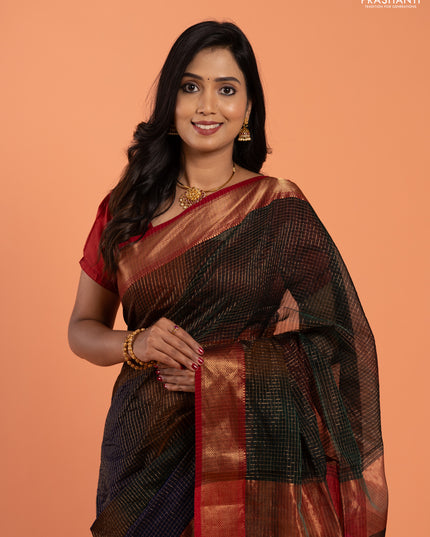 Maheshwari silk cotton saree multi colour and pink with allover zari checked pattern and zari woven border