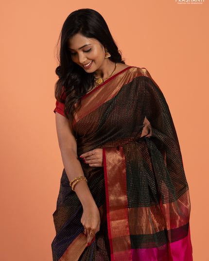 Maheshwari silk cotton saree multi colour and pink with allover zari checked pattern and zari woven border