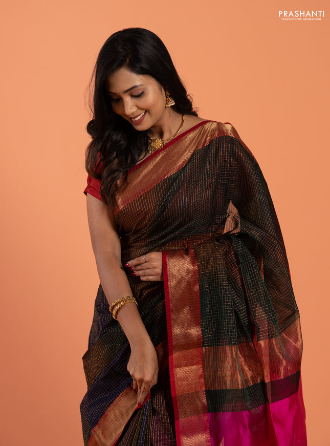 Maheshwari silk cotton saree multi colour and pink with allover zari checked pattern and zari woven border