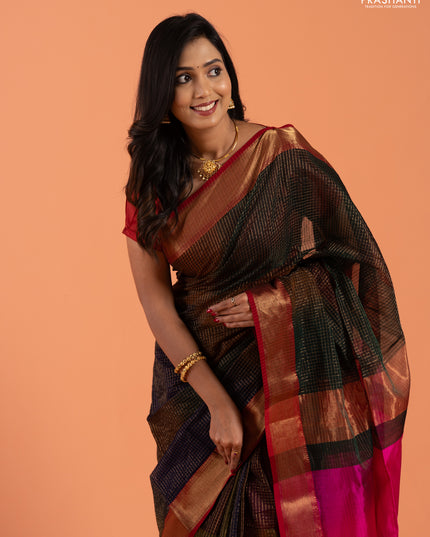Maheshwari silk cotton saree multi colour and pink with allover zari checked pattern and zari woven border