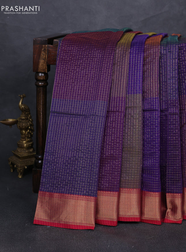 Maheshwari silk cotton saree multi colour and maroon with allover zari checked pattern and zari woven border