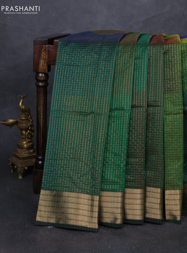 Maheshwari silk cotton saree bottle green with allover zari checked pattern and zari woven border