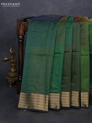 Maheshwari silk cotton saree bottle green with allover zari checked pattern and zari woven border