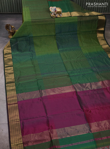 Maheshwari silk cotton saree bottle green with allover zari checked pattern and zari woven border