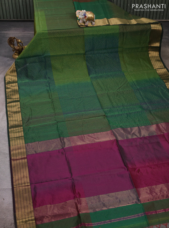 Maheshwari silk cotton saree bottle green with allover zari checked pattern and zari woven border