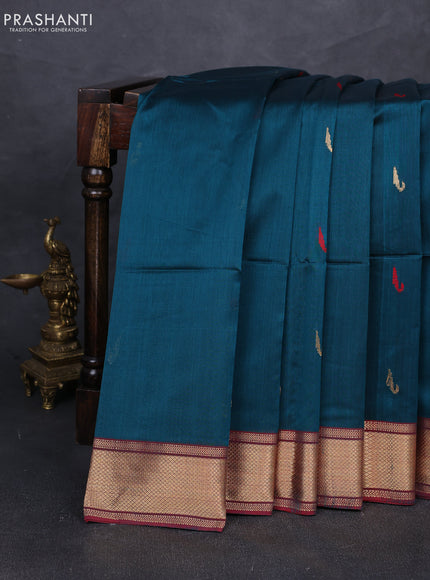 Maheshwari silk cotton saree peacock green and maroon with zari woven buttas and zari woven border