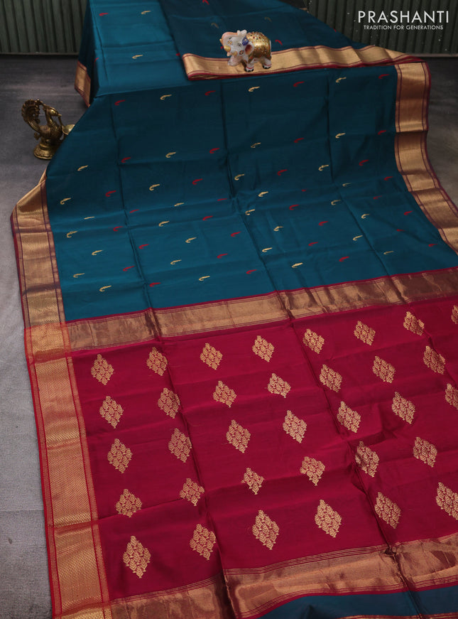 Maheshwari silk cotton saree peacock green and maroon with zari woven buttas and zari woven border