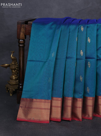 Maheshwari silk cotton saree peacock blue and maroon with zari woven buttas and zari woven border