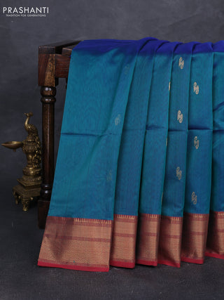 Maheshwari silk cotton saree peacock blue and maroon with zari woven buttas and zari woven border