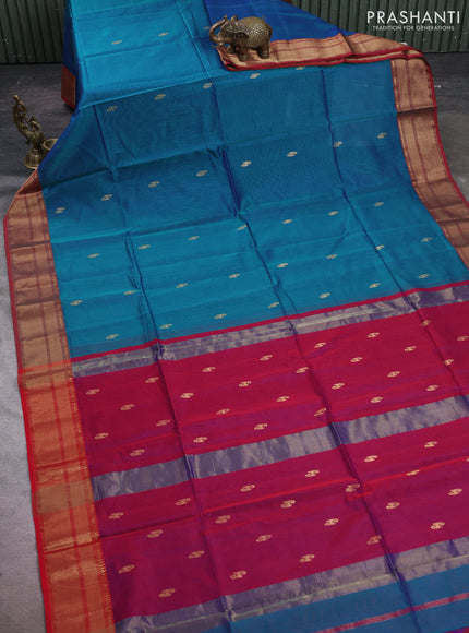 Maheshwari silk cotton saree peacock blue and maroon with zari woven buttas and zari woven border