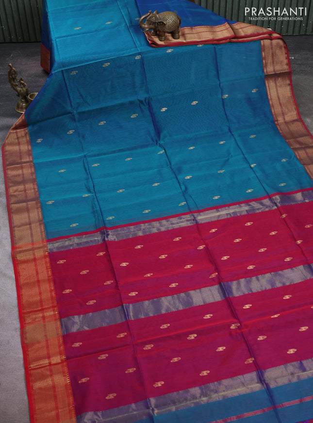 Maheshwari silk cotton saree peacock blue and maroon with zari woven buttas and zari woven border