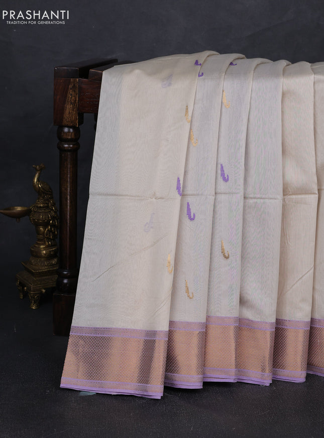 Maheshwari silk cotton saree off white and lavender with thread & zari woven buttas and zari woven border